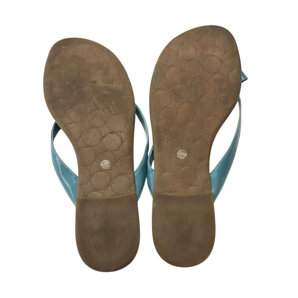 Talbots Womens Blue Sandals Patent Leather Flats Flip Flops with Bow Size US 9